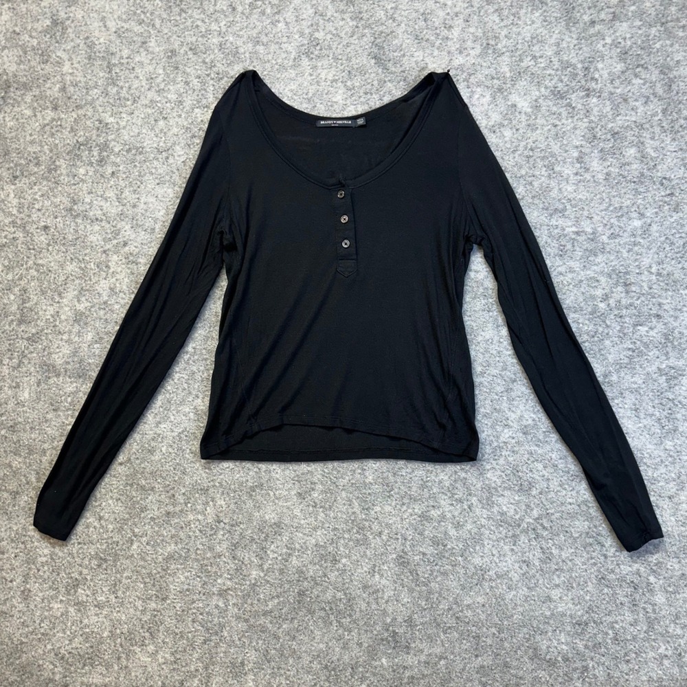 Brandy Melville Henley Top Women OS Black Scoop Neck Long Sleeve Slim